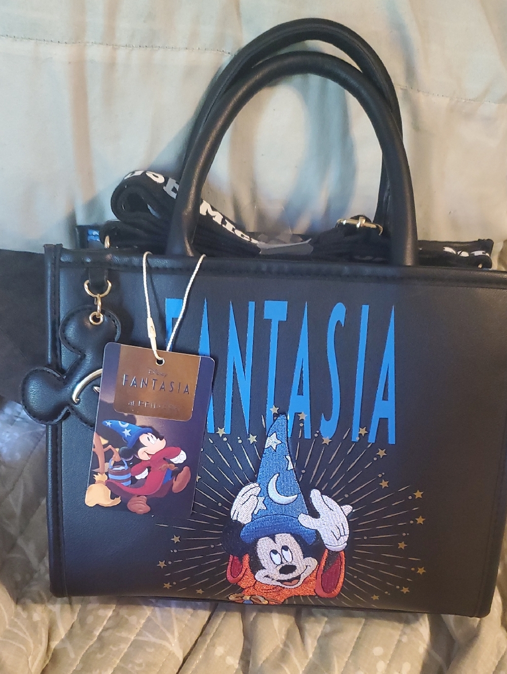 Disney Black Satchel with Blue Fantasia Graphic and Mickey Charm